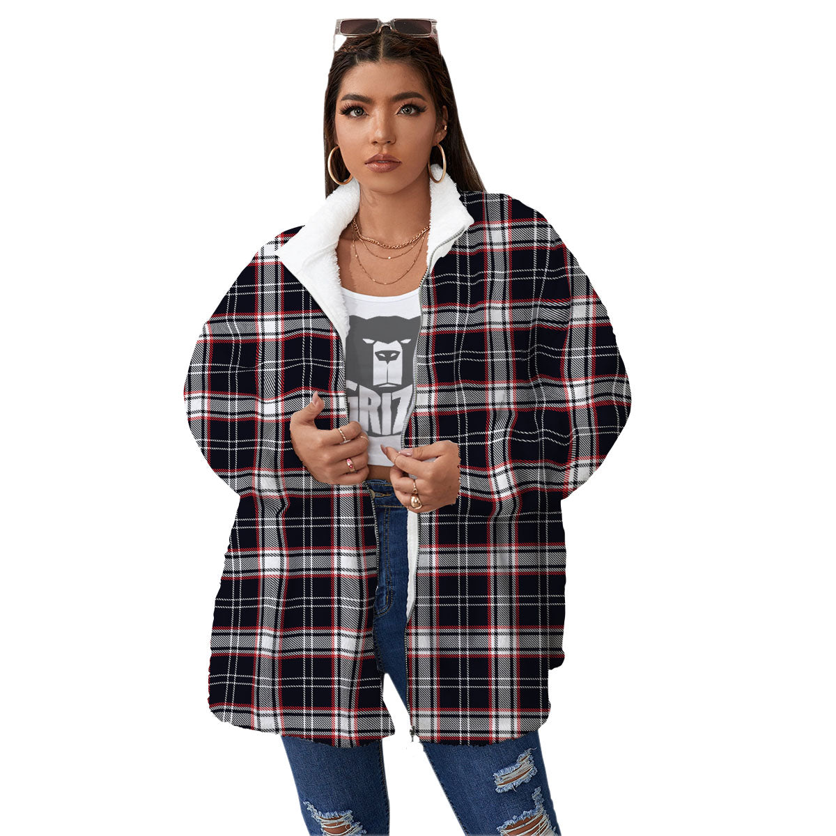 Stewart Tartan Red And Black Print Women's Sherpa Jacket-grizzshop