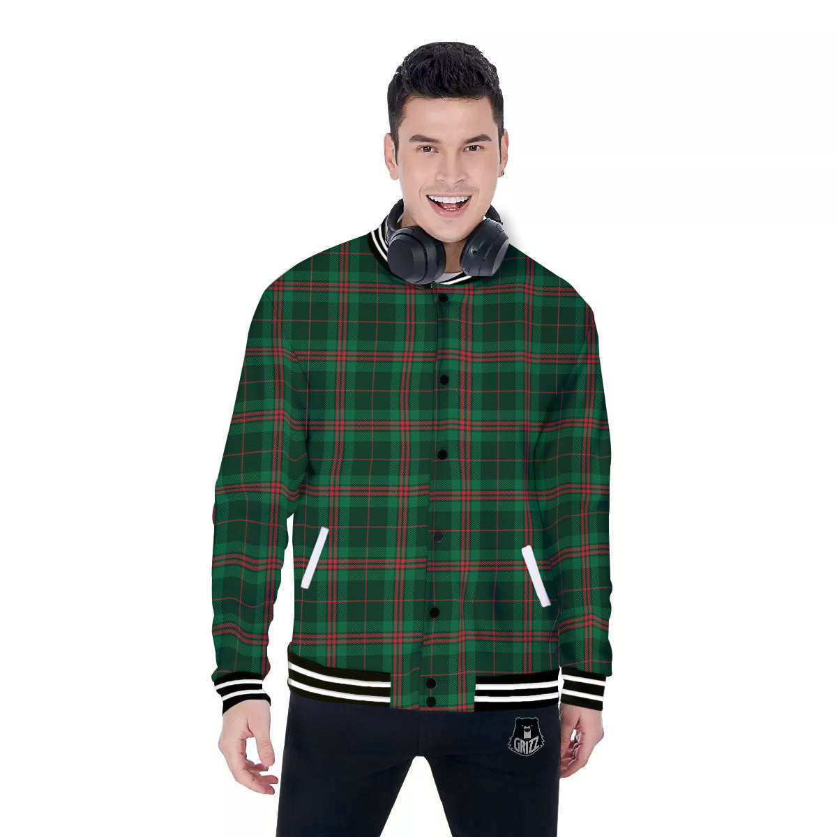 Stewart Tartan Red And Green Print Baseball Jacket-grizzshop
