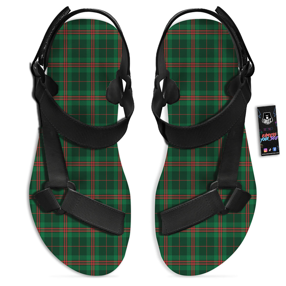 Stewart Tartan Red And Green Print Black Open Toe Sandals-grizzshop