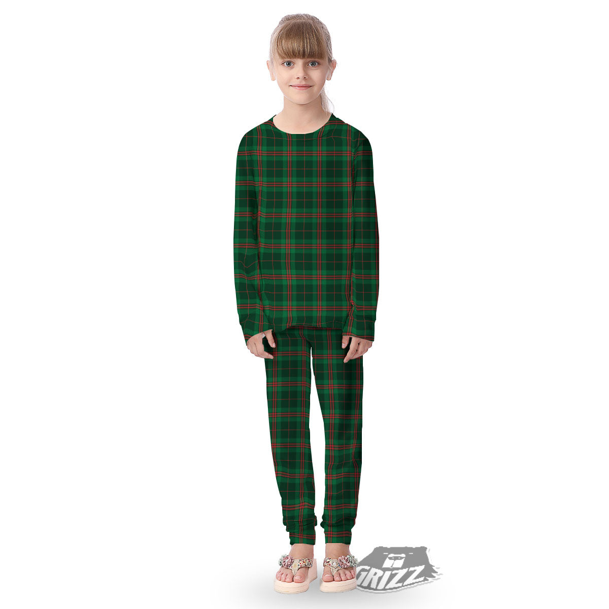 Stewart Tartan Red And Green Print Kid's Pajamas-grizzshop