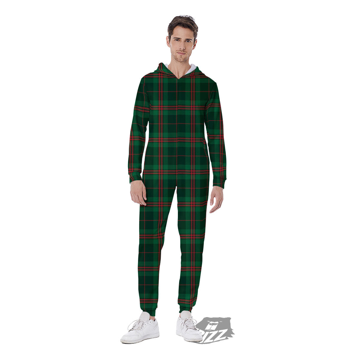 Stewart Tartan Red And Green Print Men's Jumpsuit-grizzshop