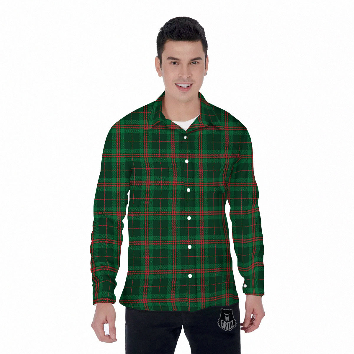 Stewart Tartan Red And Green Print Men's Long Sleeve Shirts-grizzshop