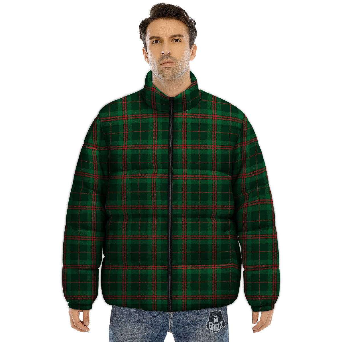 Stewart Tartan Red And Green Print Puffer Jacket-grizzshop