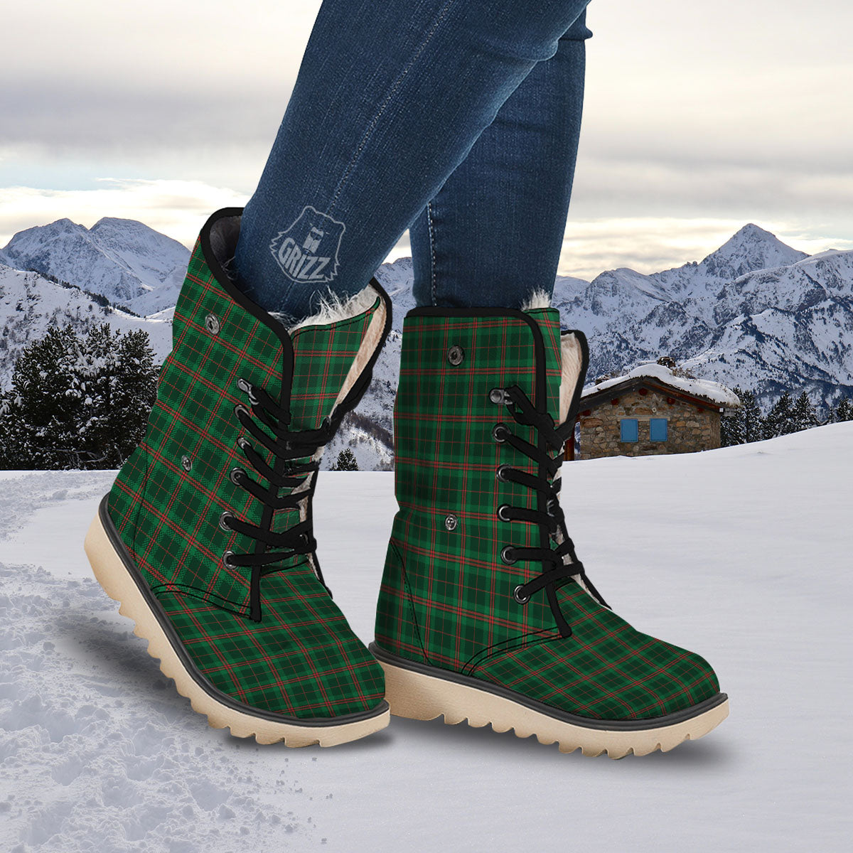 Stewart Tartan Red And Green Print Snow Boots-grizzshop