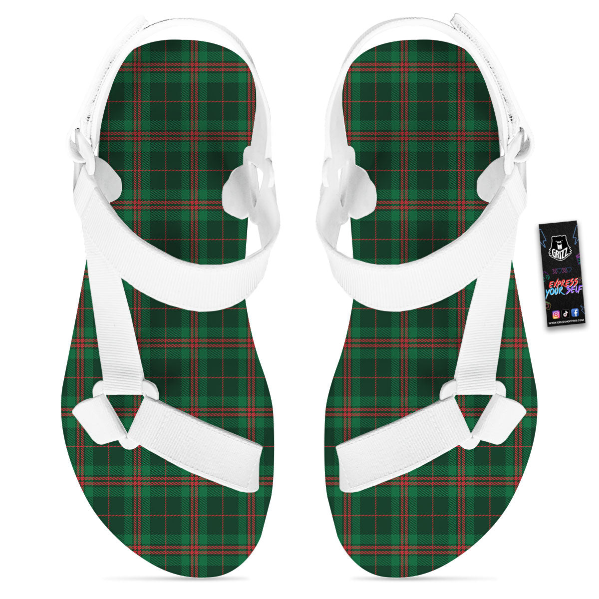 Stewart Tartan Red And Green Print White Open Toe Sandals-grizzshop