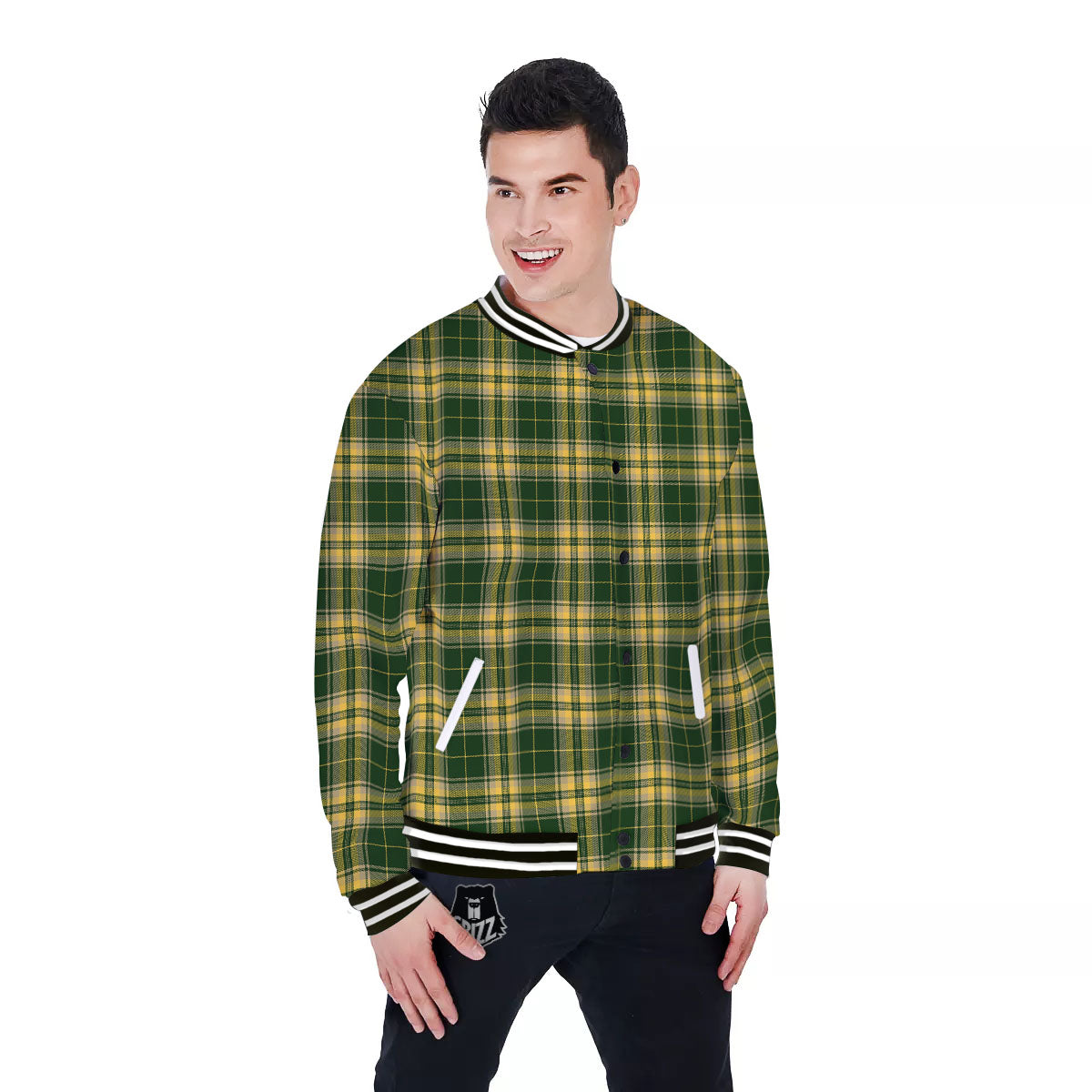 Stewart Tartan Yellow And Green Print Baseball Jacket-grizzshop