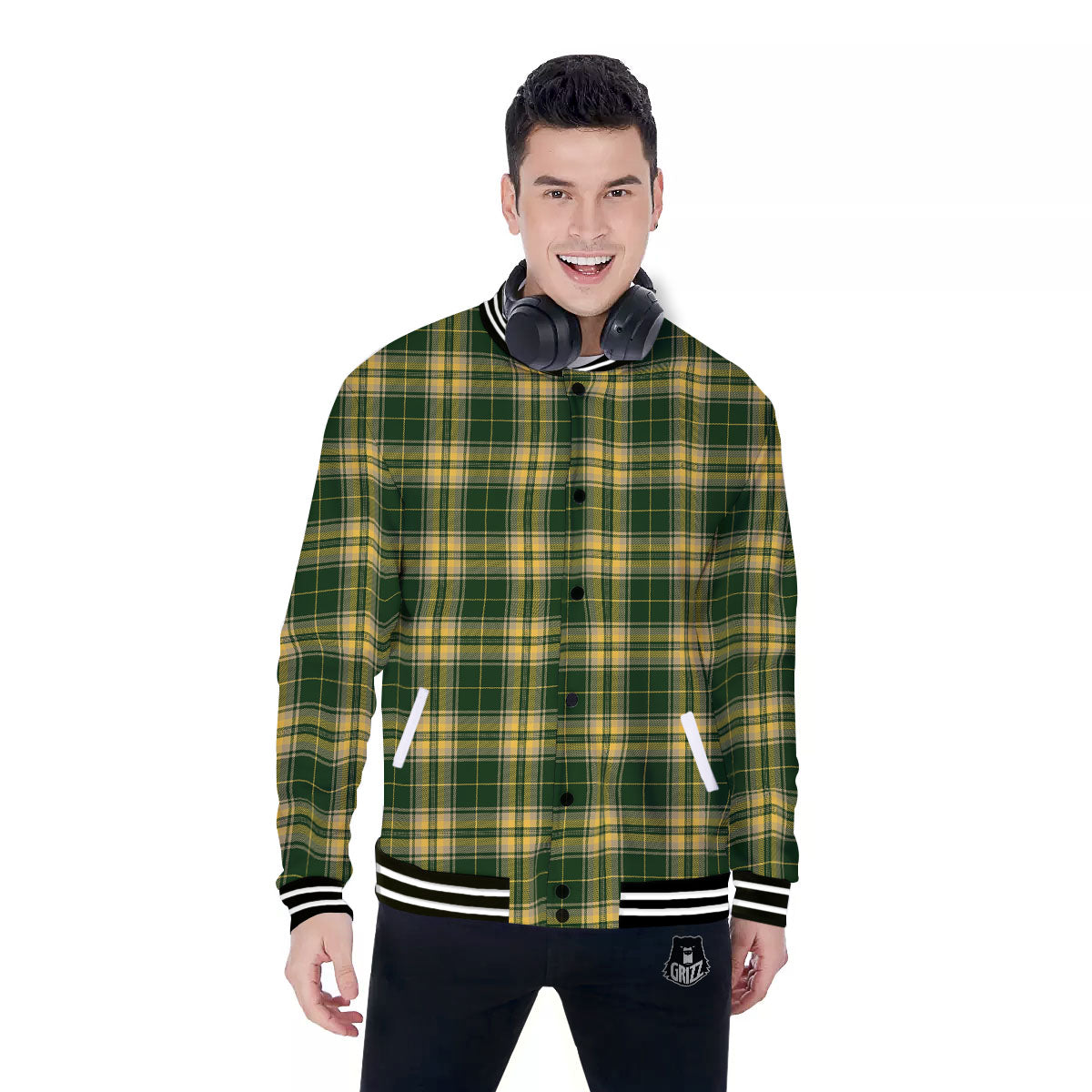 Stewart Tartan Yellow And Green Print Baseball Jacket-grizzshop