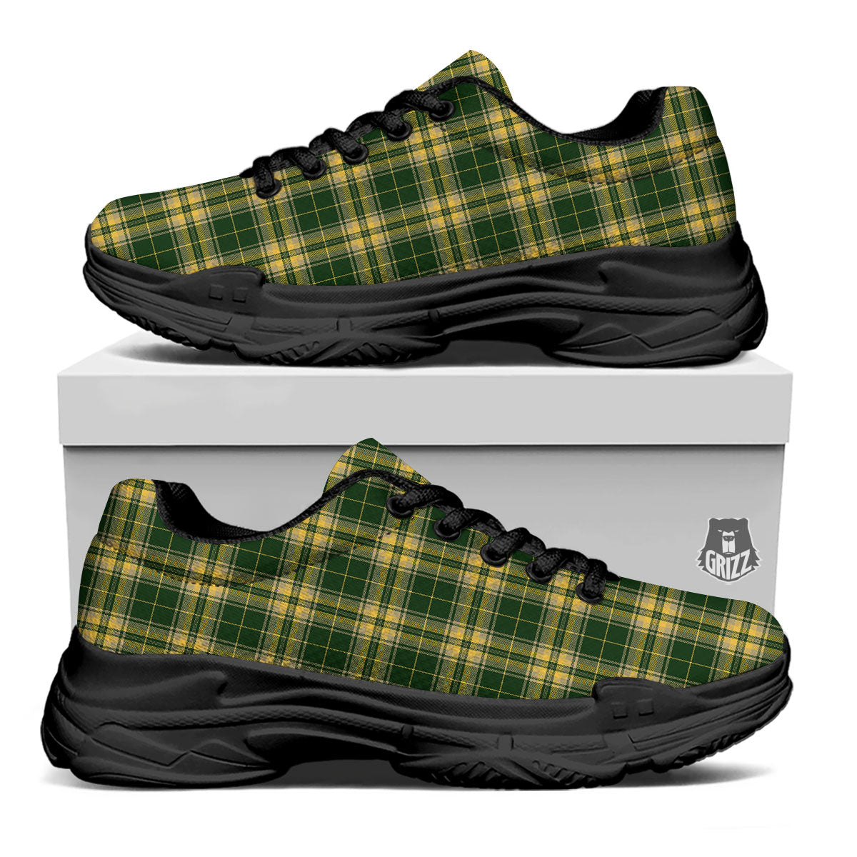 Stewart Tartan Yellow And Green Print Black Chunky Shoes-grizzshop