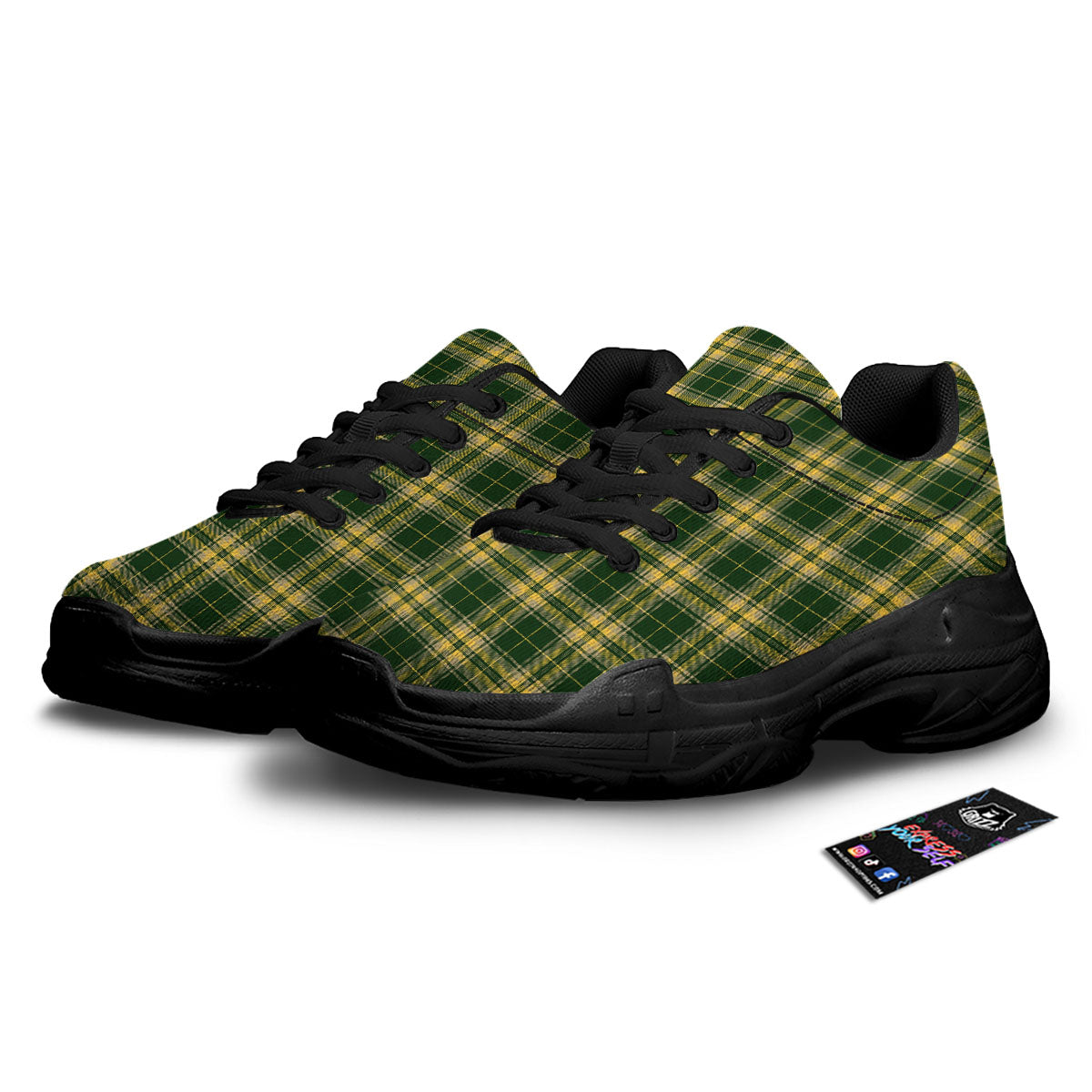 Stewart Tartan Yellow And Green Print Black Chunky Shoes-grizzshop