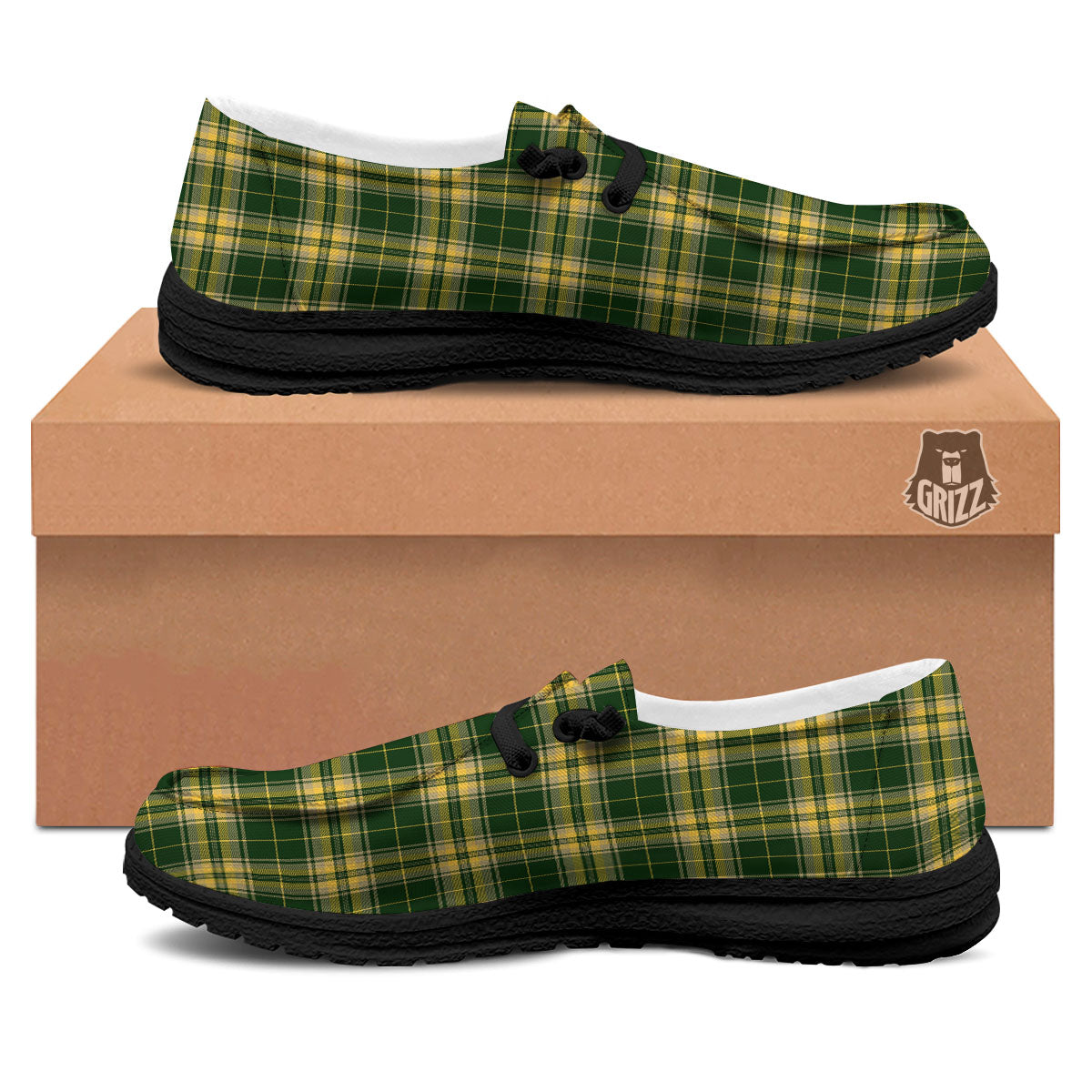 Stewart Tartan Yellow And Green Print Black Loafers-grizzshop