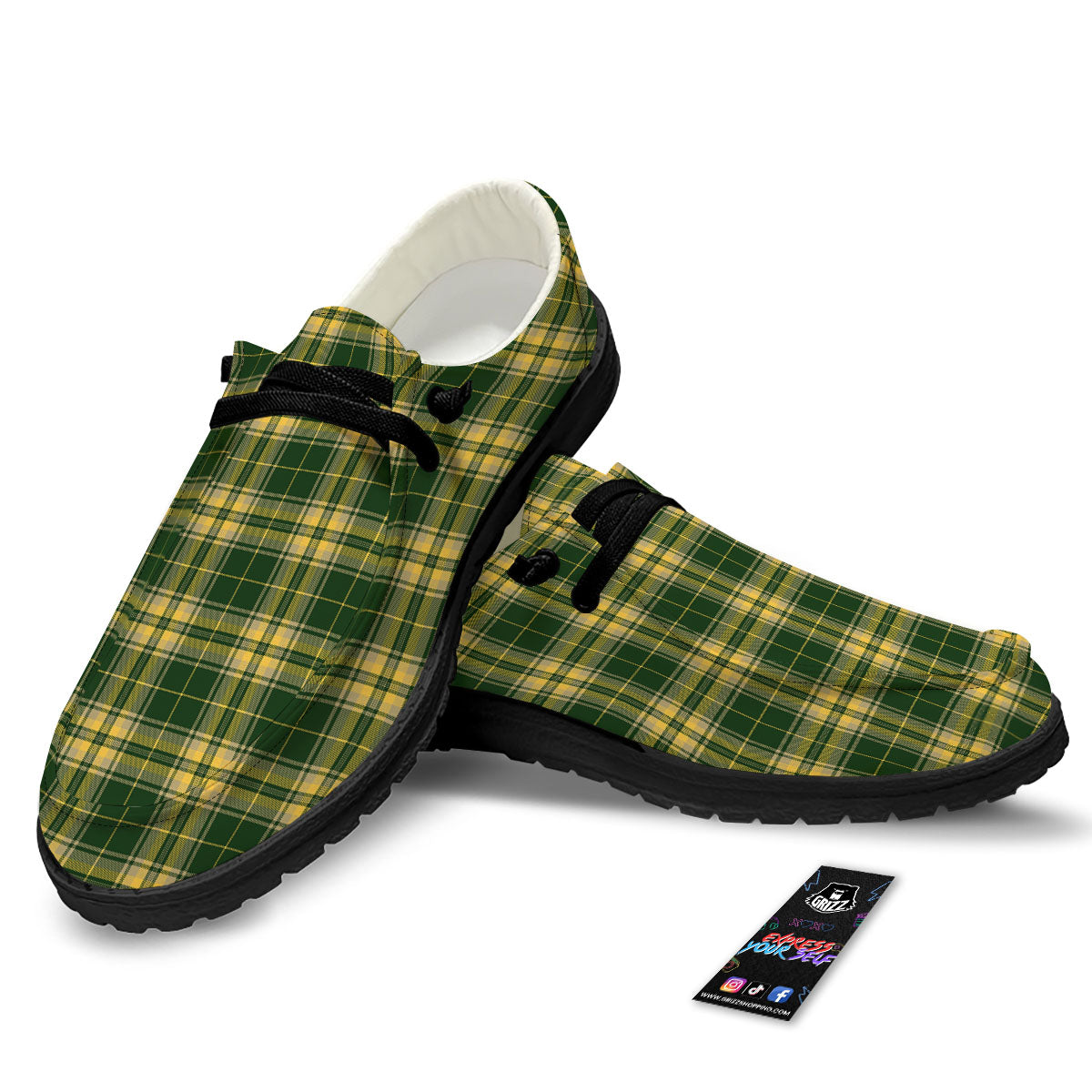Stewart Tartan Yellow And Green Print Black Loafers-grizzshop