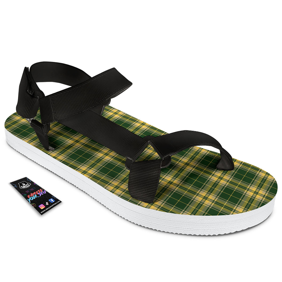 Stewart Tartan Yellow And Green Print Black Open Toe Sandals-grizzshop