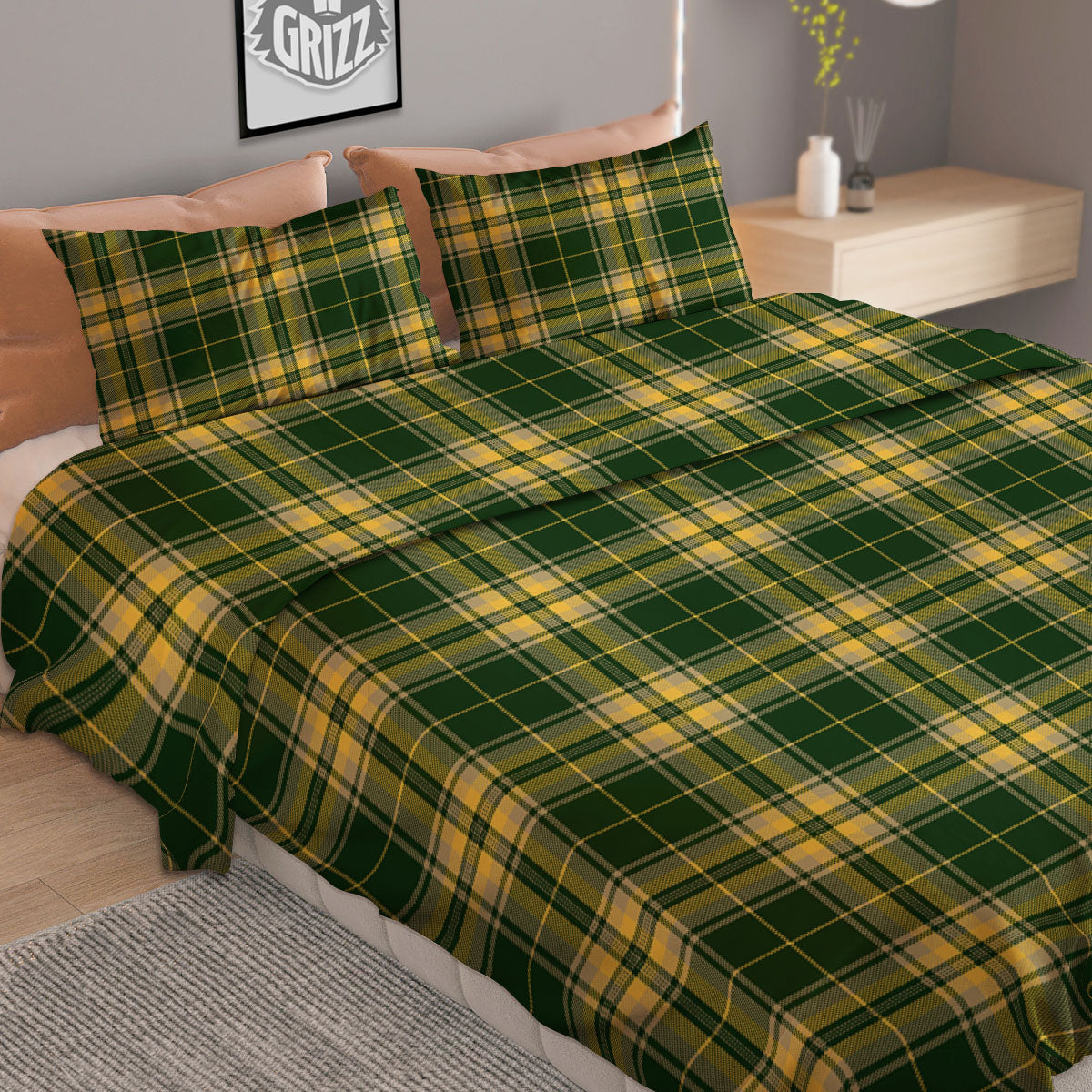 Stewart Tartan Yellow And Green Print Duvet Cover Bedding Set