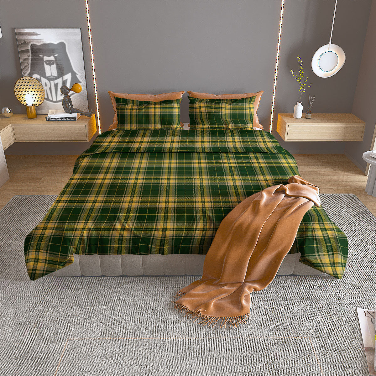 Stewart Tartan Yellow And Green Print Duvet Cover Bedding Set