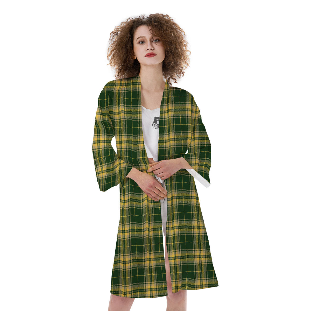 Stewart Tartan Yellow And Green Print Kimono-grizzshop