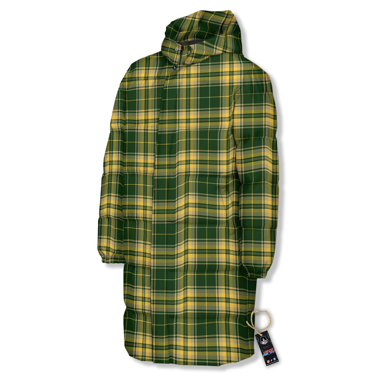 Stewart Tartan Yellow And Green Print Long Down Jacket-grizzshop