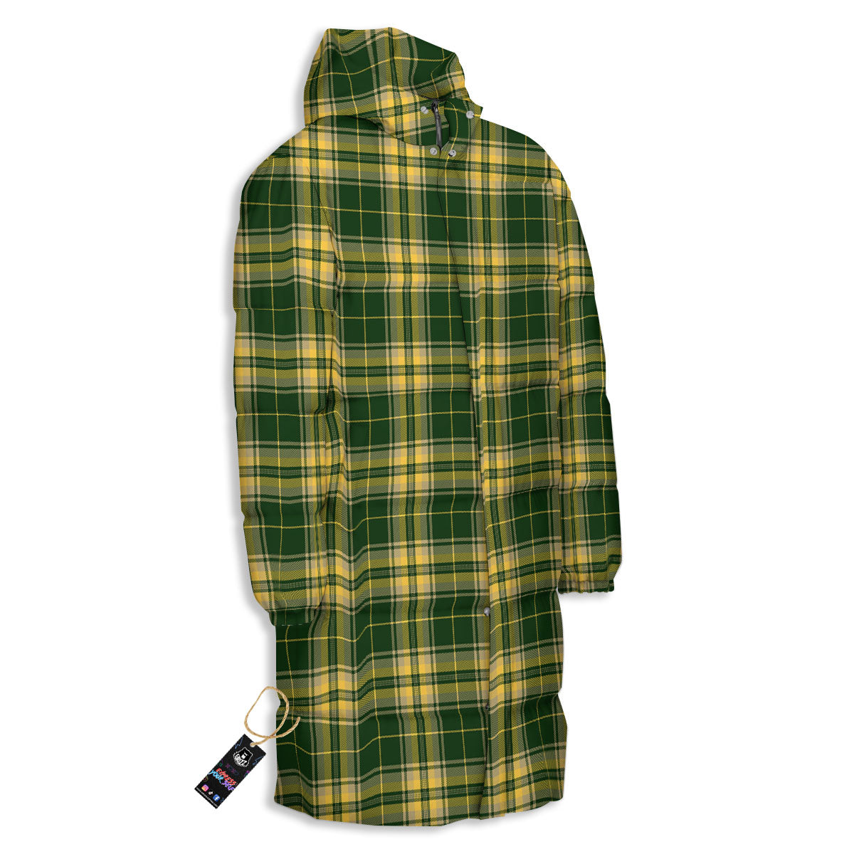 Stewart Tartan Yellow And Green Print Long Down Jacket-grizzshop