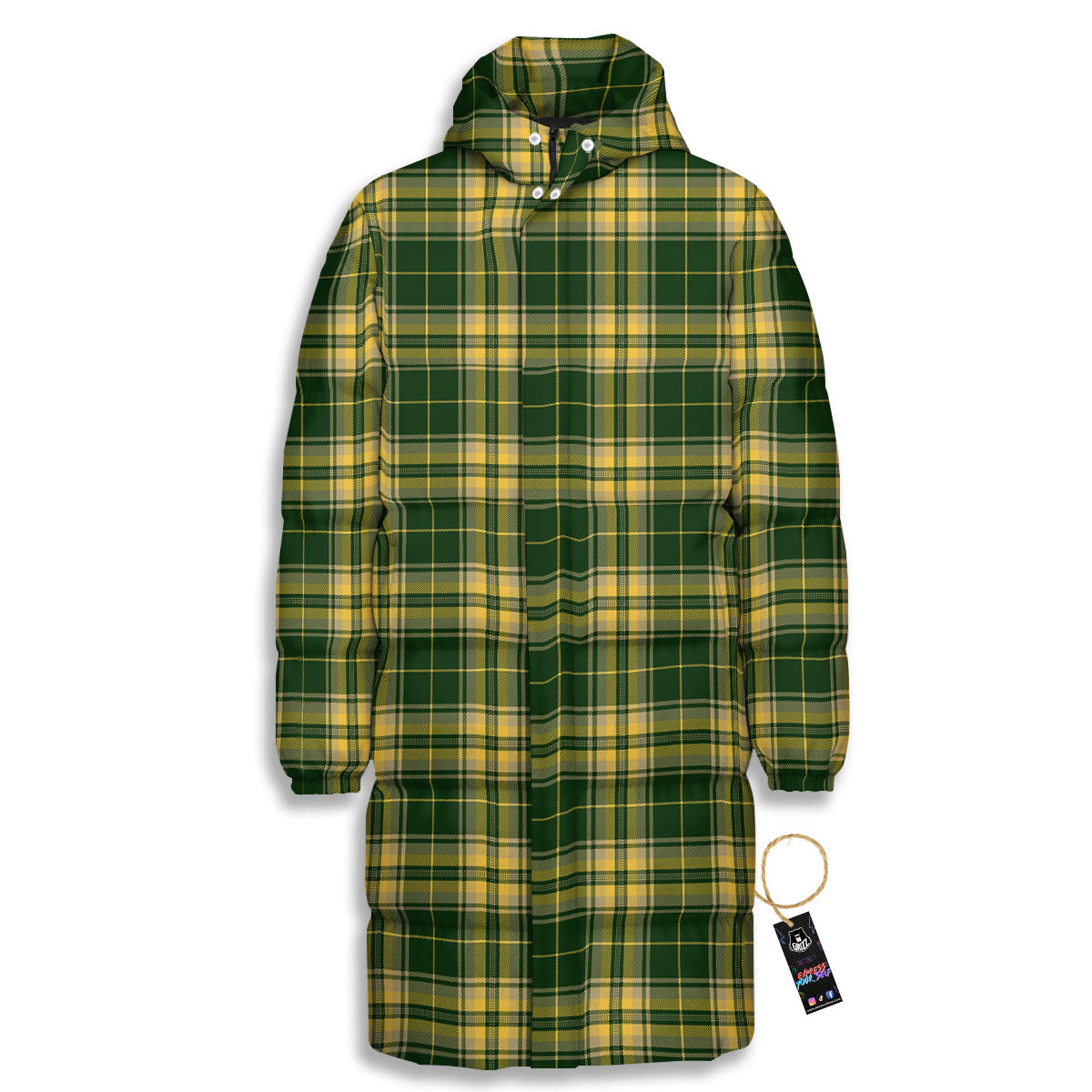 Stewart Tartan Yellow And Green Print Long Down Jacket-grizzshop