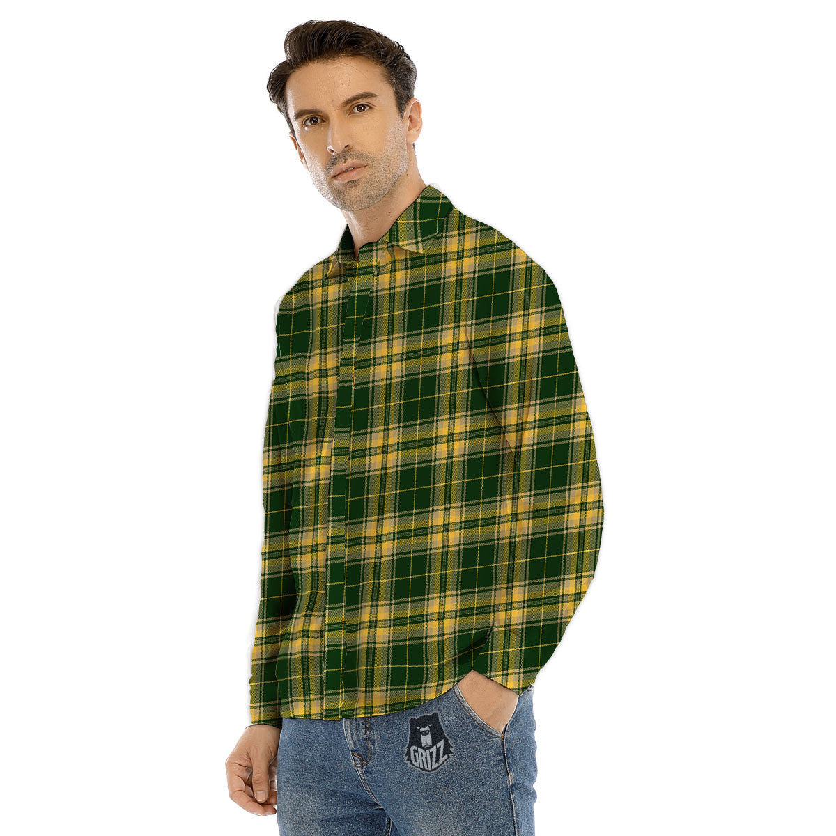 Stewart Tartan Yellow And Green Print Men's Dress Shirts-grizzshop