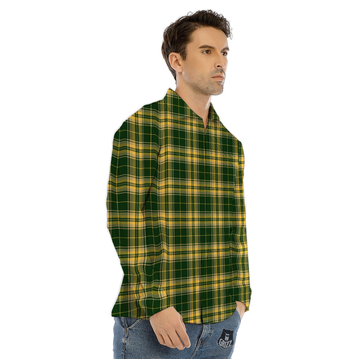 Stewart Tartan Yellow And Green Print Men's Dress Shirts-grizzshop