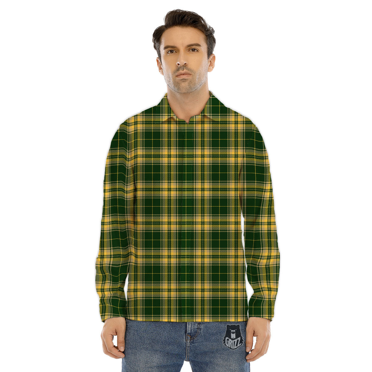 Stewart Tartan Yellow And Green Print Men's Dress Shirts-grizzshop