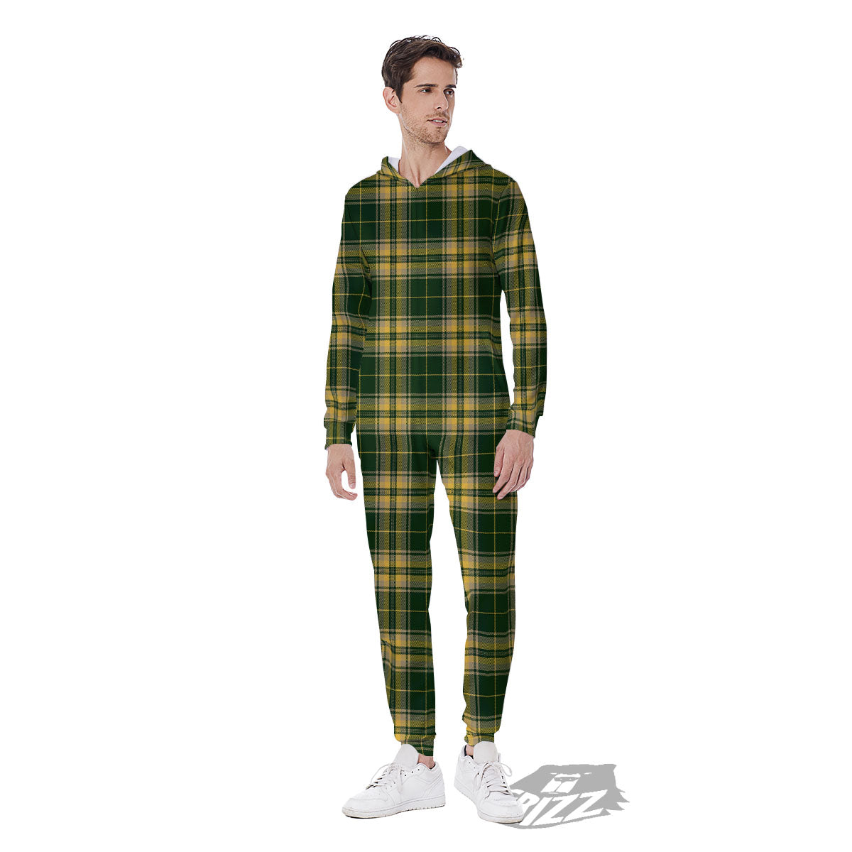 Stewart Tartan Yellow And Green Print Men's Jumpsuit-grizzshop