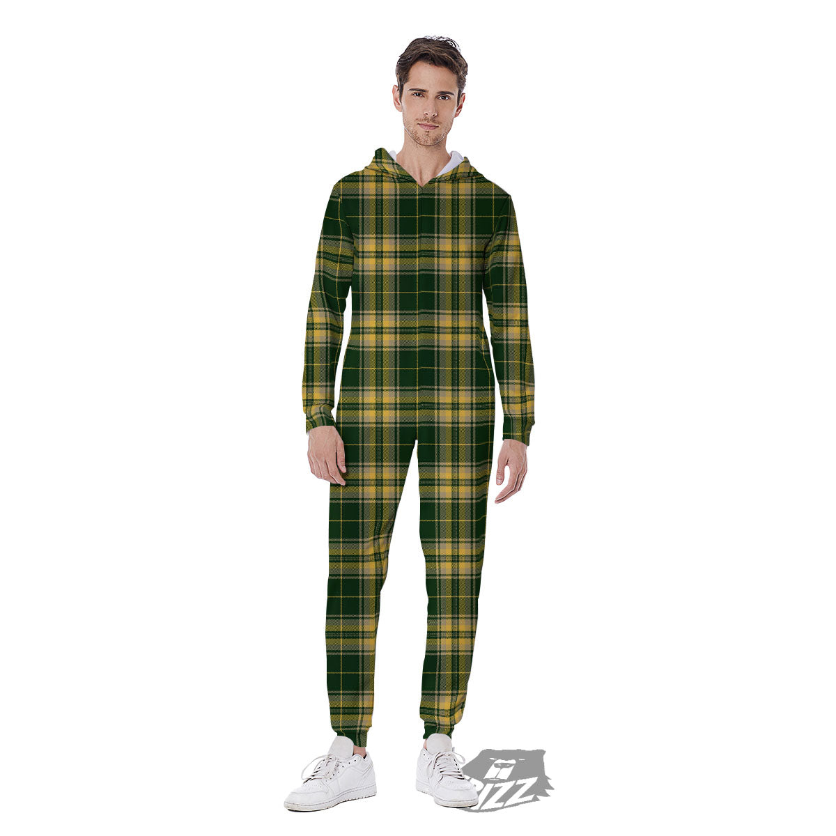 Stewart Tartan Yellow And Green Print Men's Jumpsuit-grizzshop