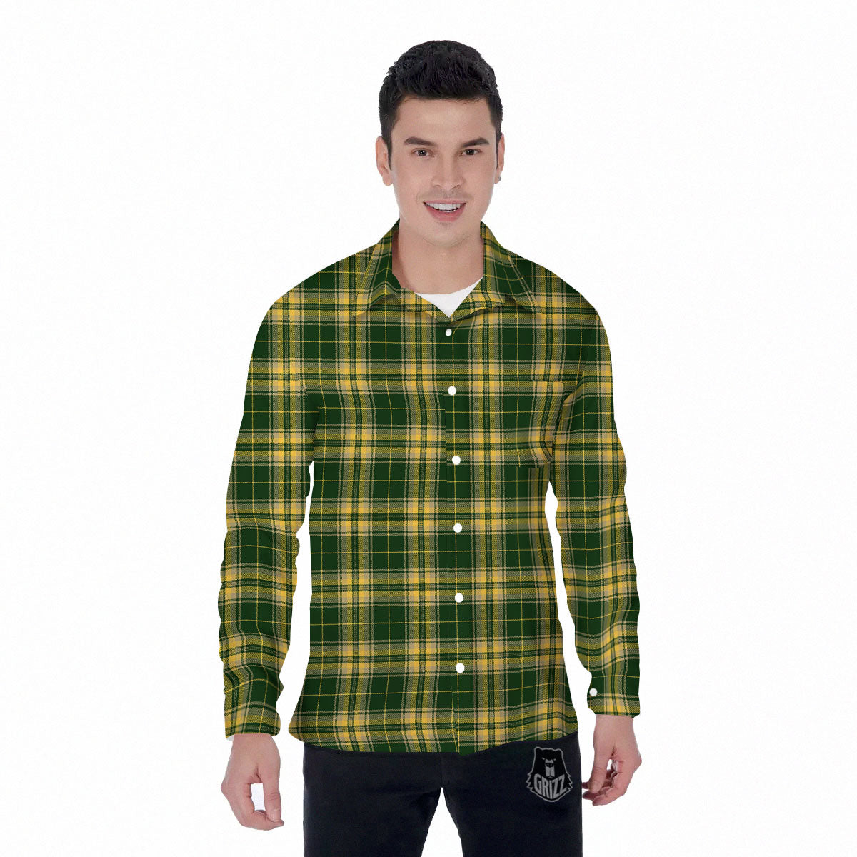 Stewart Tartan Yellow And Green Print Men's Long Sleeve Shirts-grizzshop