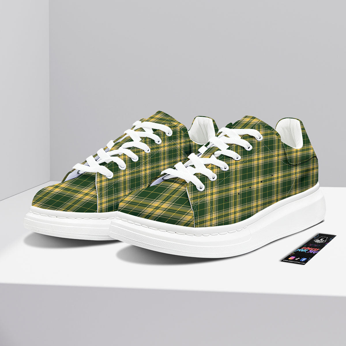 Stewart Tartan Yellow And Green Print Platform Shoes-grizzshop
