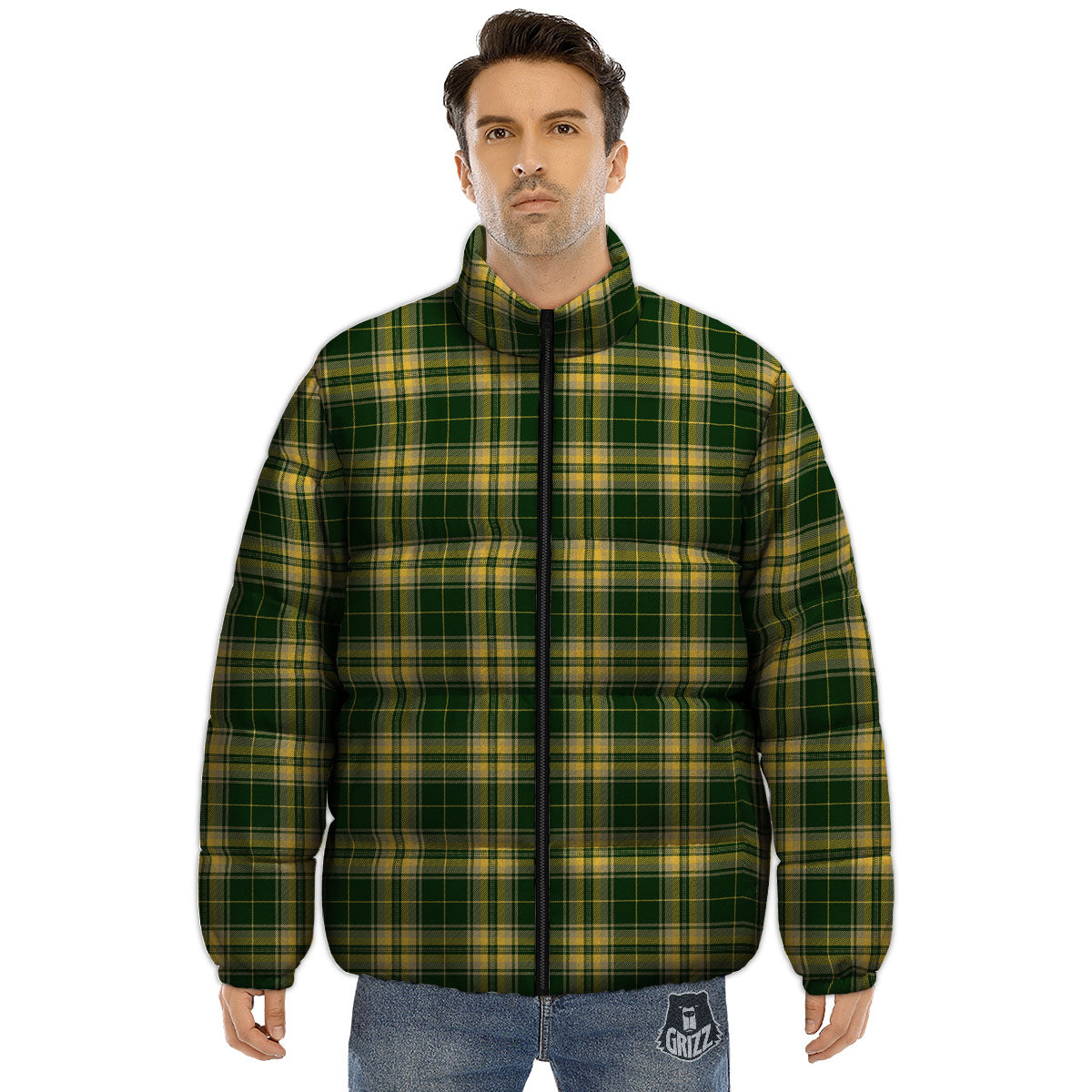 Stewart Tartan Yellow And Green Print Puffer Jacket-grizzshop