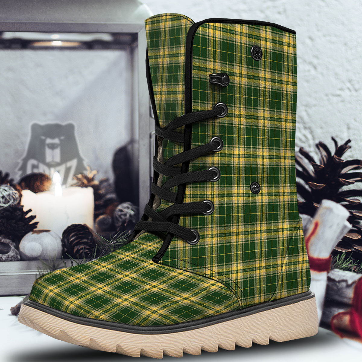 Stewart Tartan Yellow And Green Print Snow Boots-grizzshop