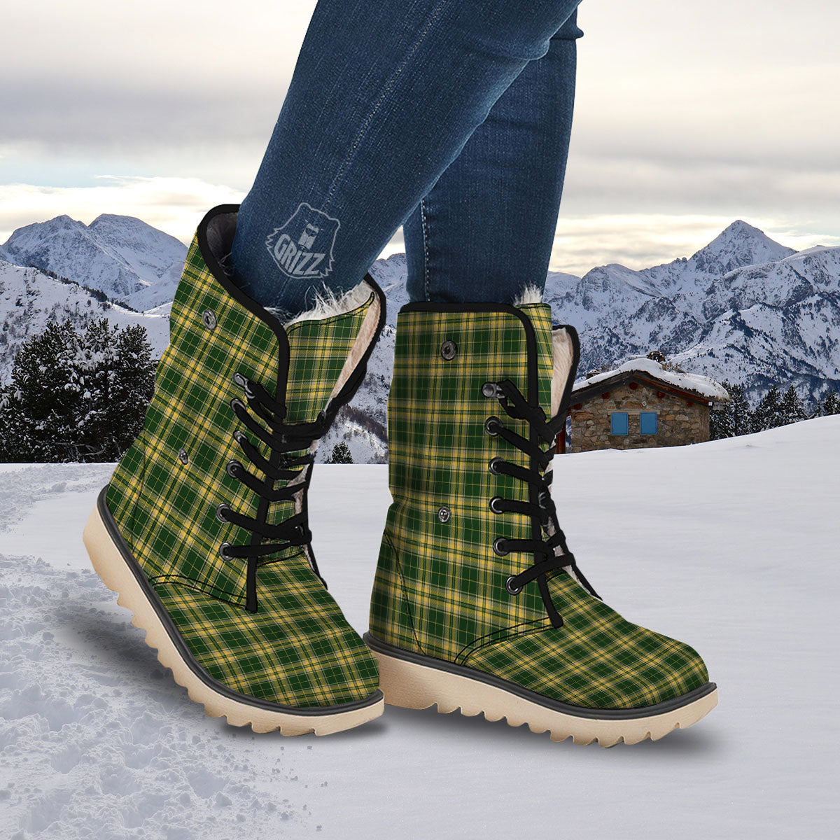 Stewart Tartan Yellow And Green Print Snow Boots-grizzshop
