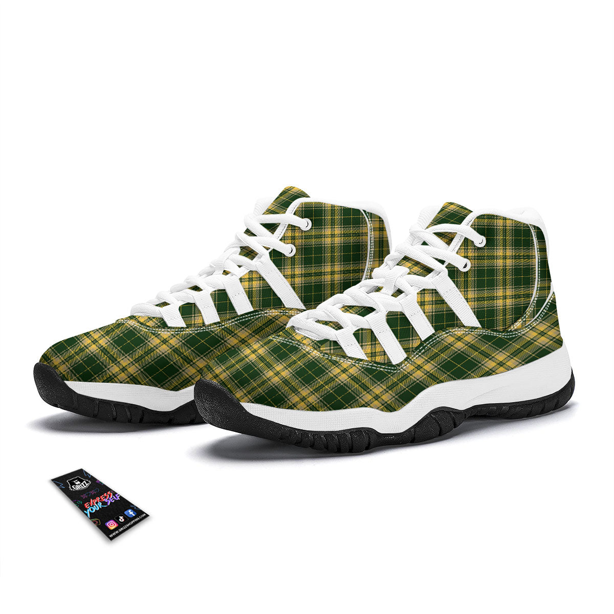 Stewart Tartan Yellow And Green Print White Bball Shoes-grizzshop