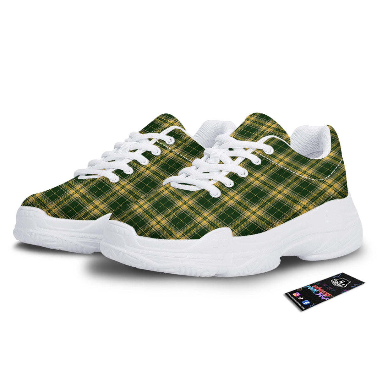 Stewart Tartan Yellow And Green Print White Chunky Shoes-grizzshop