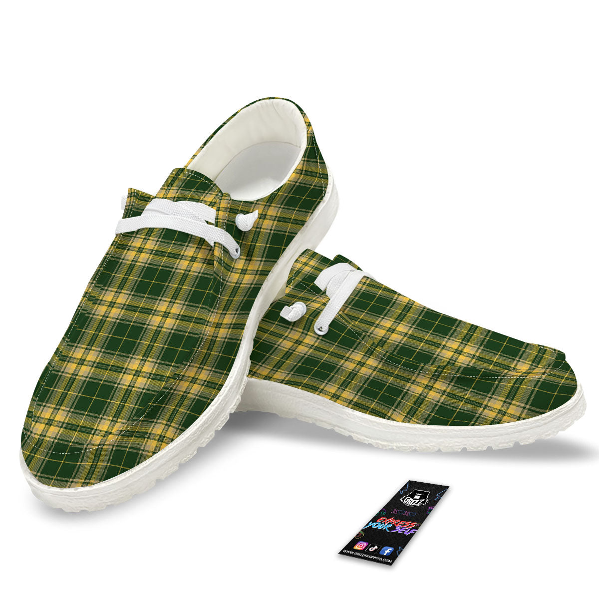 Stewart Tartan Yellow And Green Print White Loafers-grizzshop
