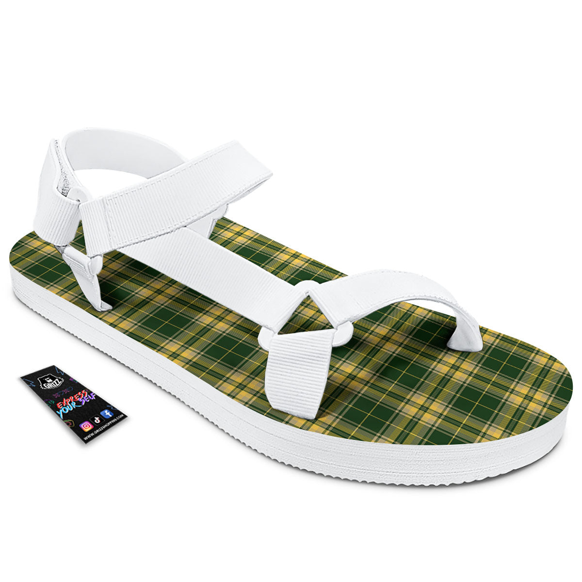 Stewart Tartan Yellow And Green Print White Open Toe Sandals-grizzshop