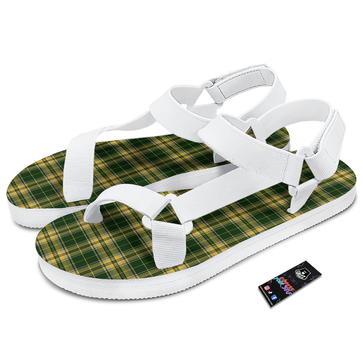 Stewart Tartan Yellow And Green Print White Open Toe Sandals-grizzshop