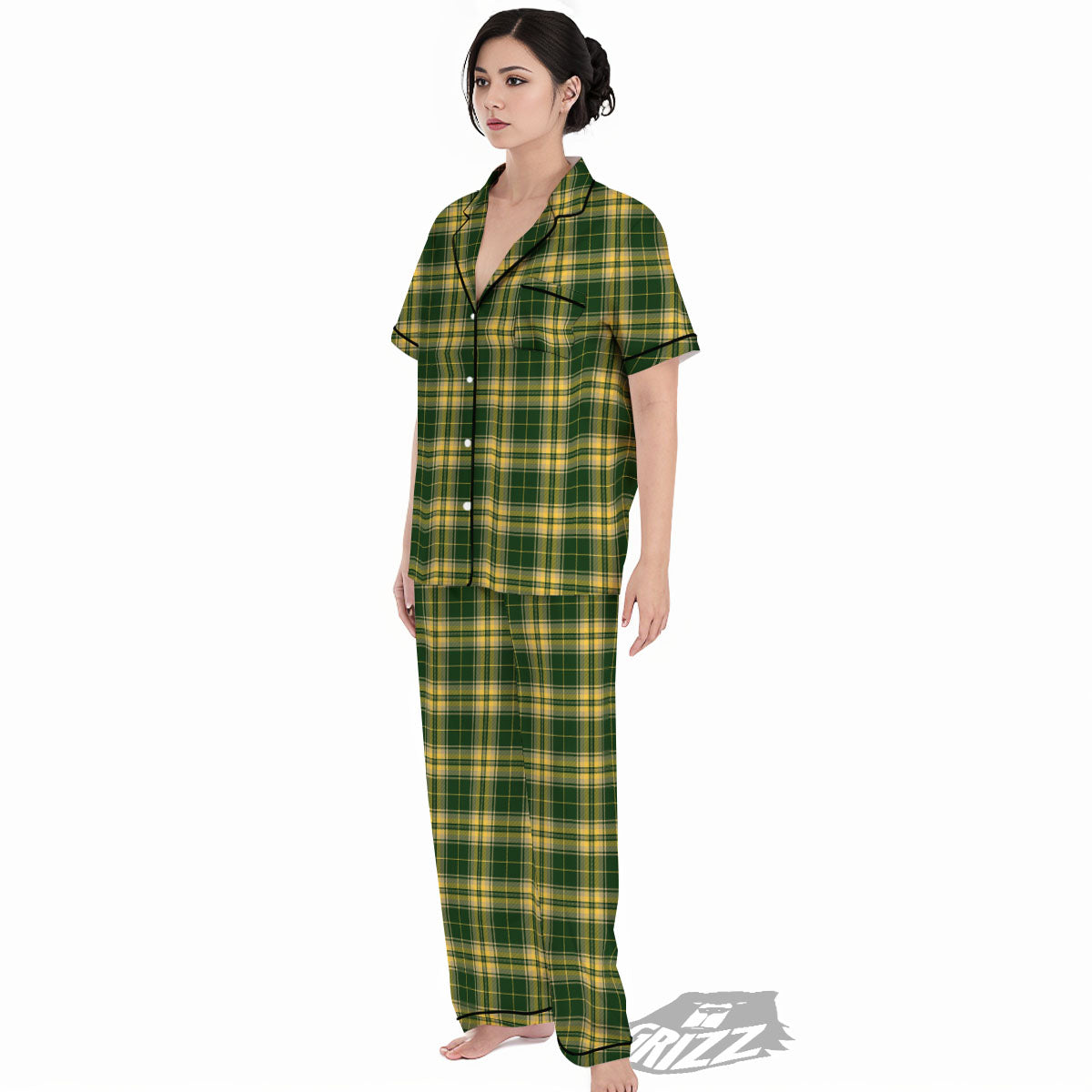 Stewart Tartan Yellow And Green Print Women's Pajamas Set-grizzshop
