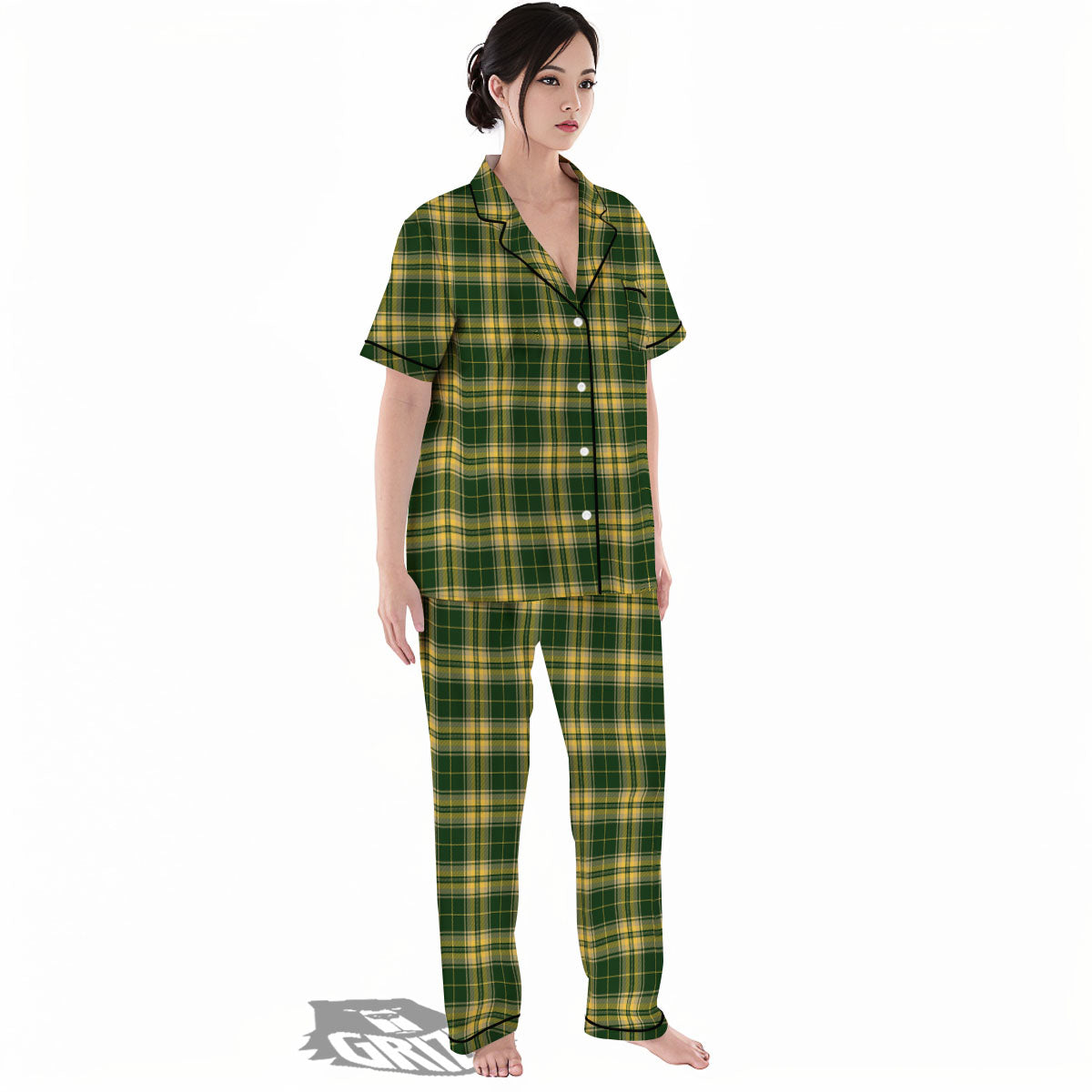 Stewart Tartan Yellow And Green Print Women's Pajamas Set-grizzshop
