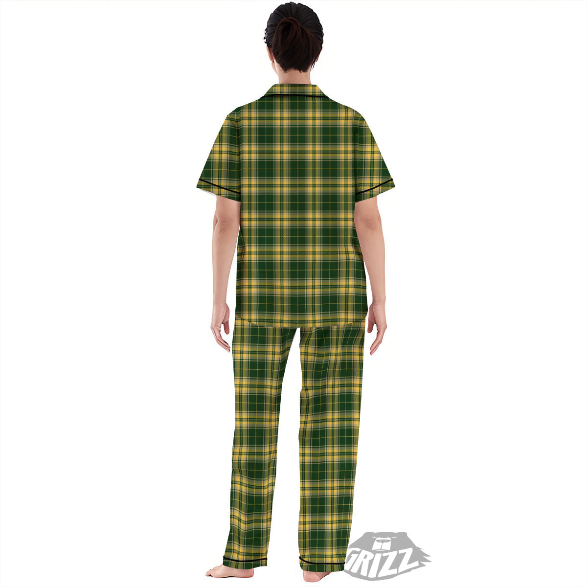 Stewart Tartan Yellow And Green Print Women's Pajamas Set-grizzshop