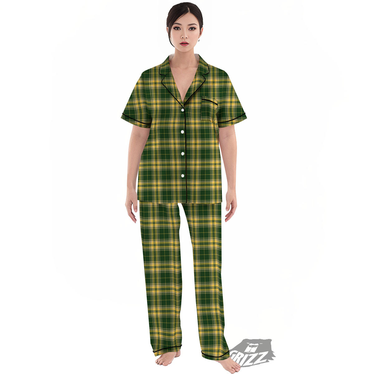 Stewart Tartan Yellow And Green Print Women's Pajamas Set-grizzshop