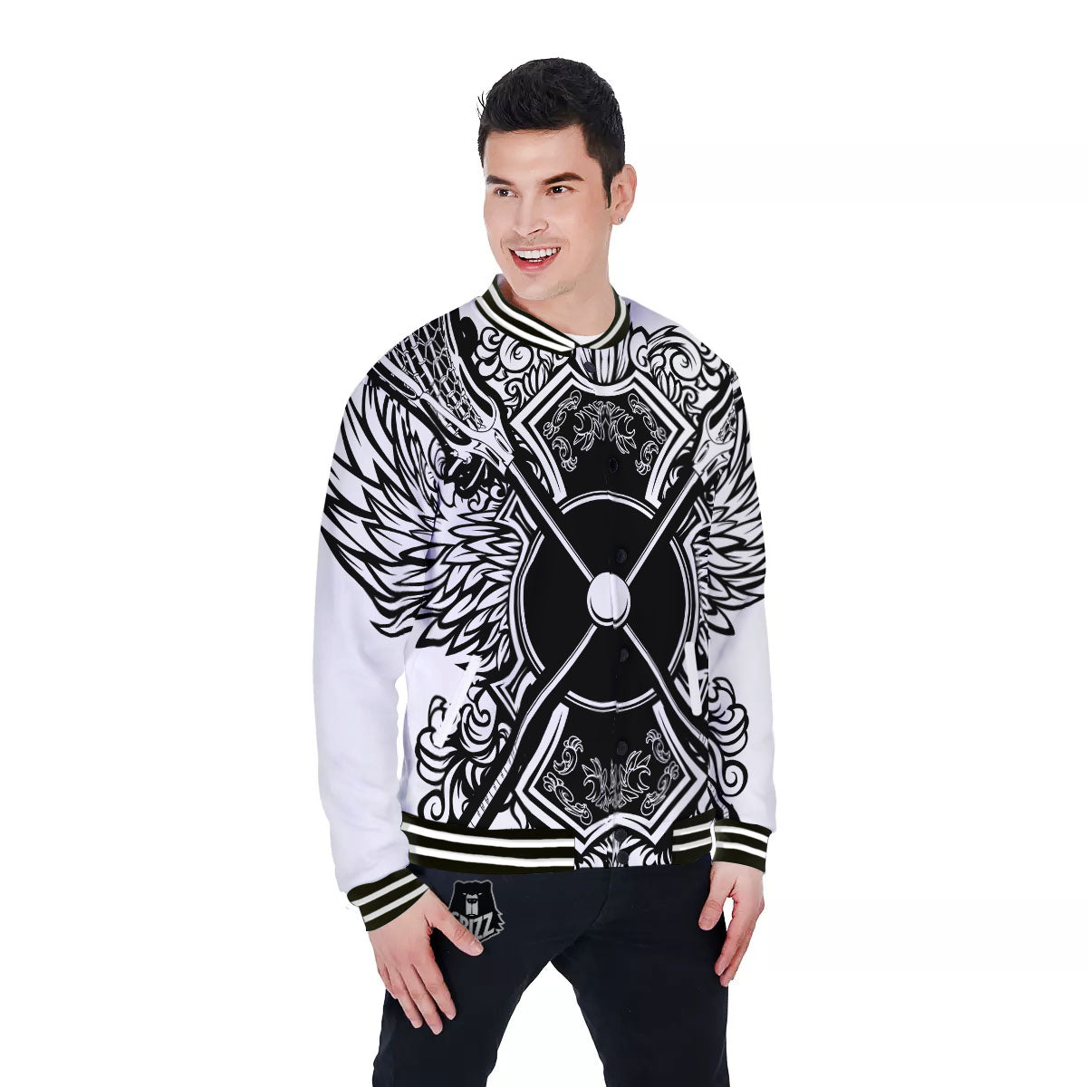 Sticks Lacrosse Ornate Wing Print Baseball Jacket-grizzshop