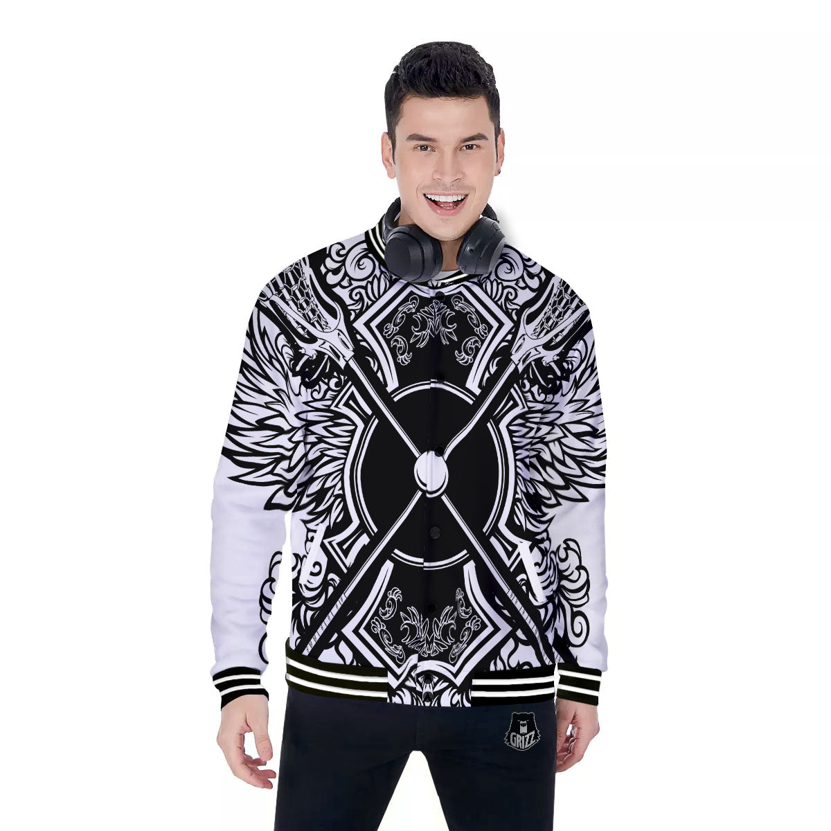 Sticks Lacrosse Ornate Wing Print Baseball Jacket-grizzshop