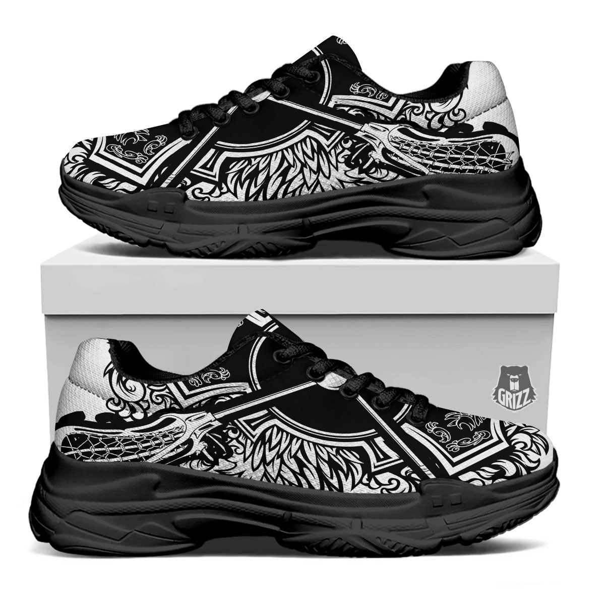 Sticks Lacrosse Ornate Wing Print Black Chunky Shoes-grizzshop