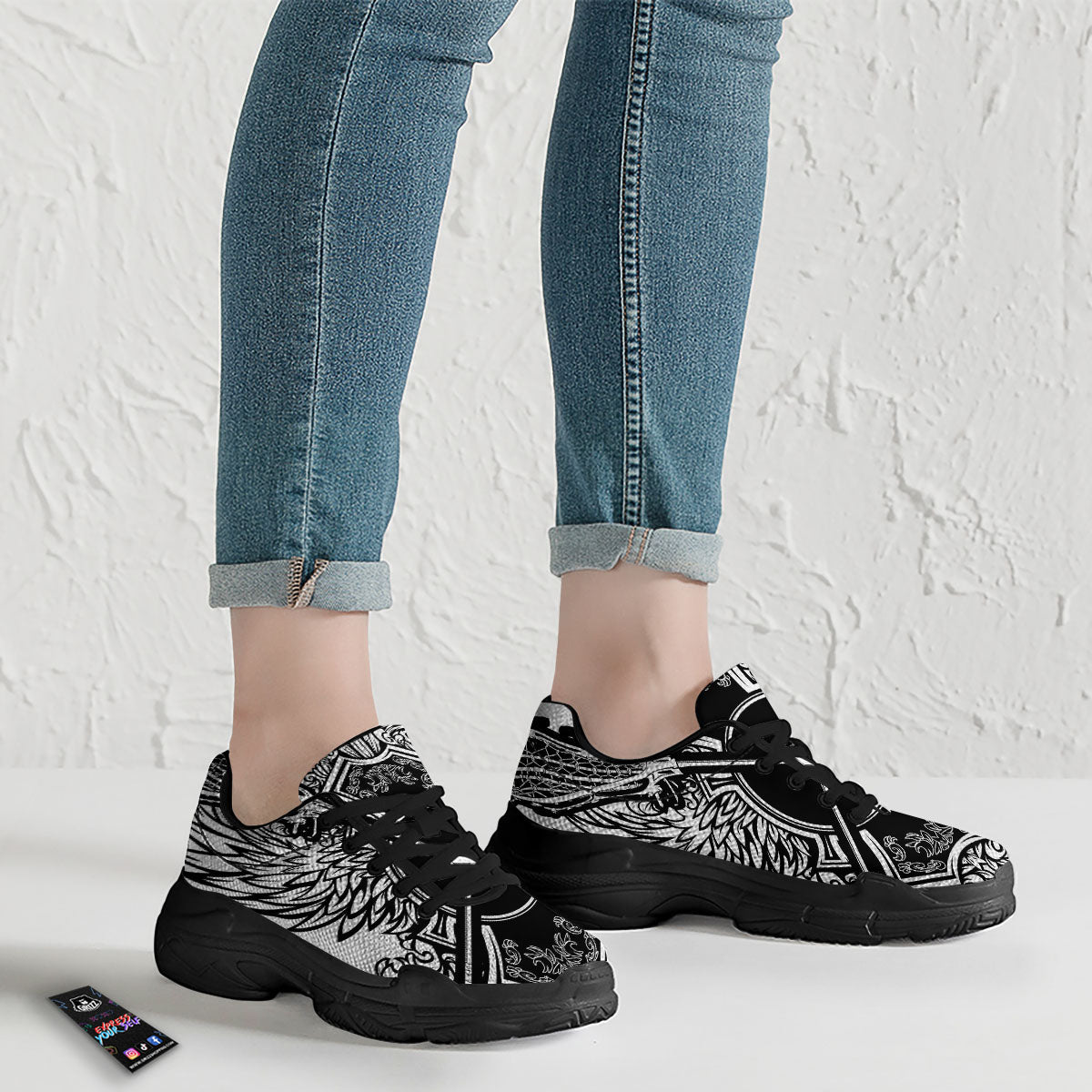 Sticks Lacrosse Ornate Wing Print Black Chunky Shoes-grizzshop