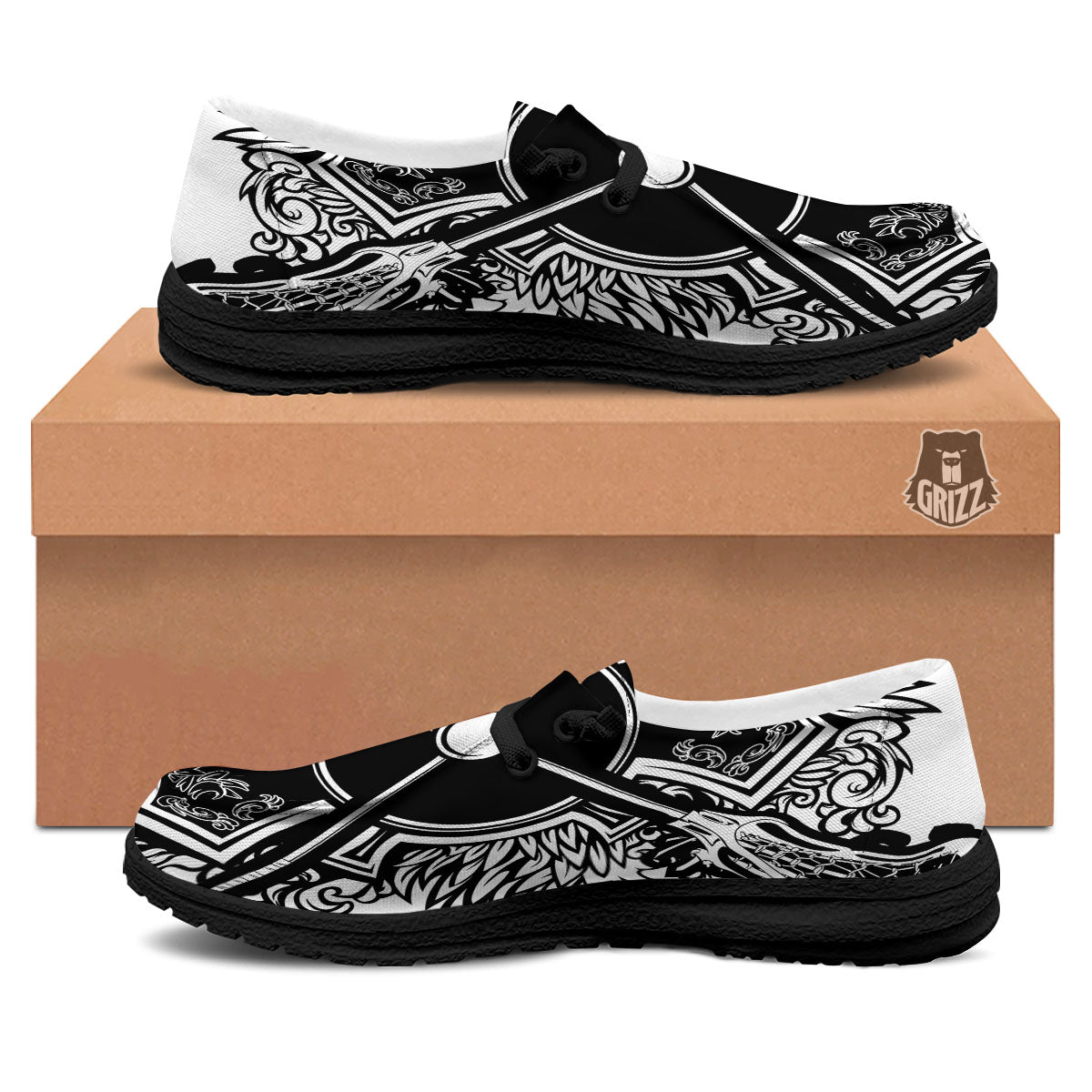 Sticks Lacrosse Ornate Wing Print Black Loafers-grizzshop