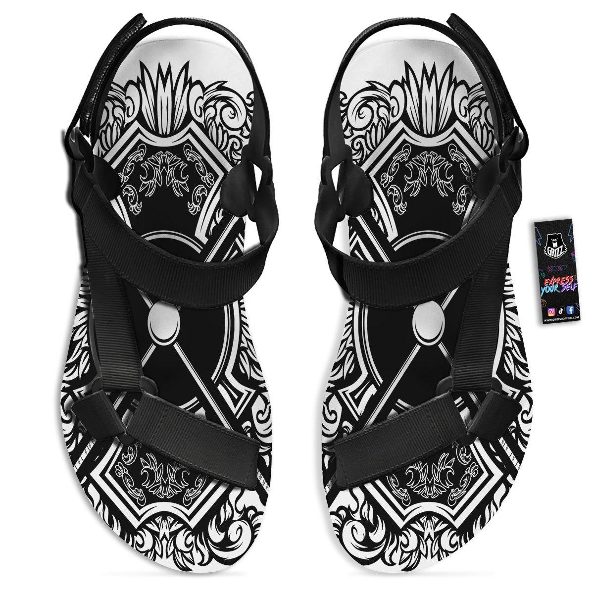 Sticks Lacrosse Ornate Wing Print Black Open Toe Sandals-grizzshop