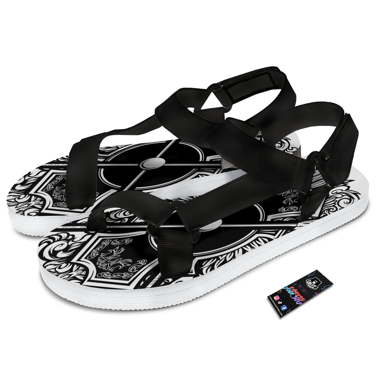 Sticks Lacrosse Ornate Wing Print Black Open Toe Sandals-grizzshop