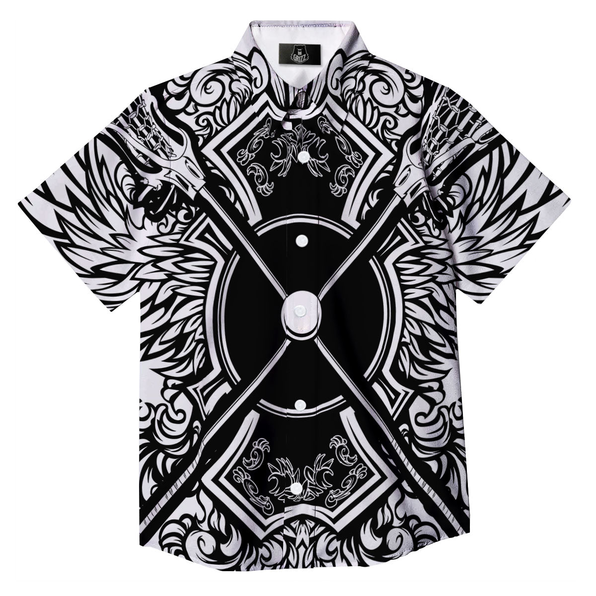Sticks Lacrosse Ornate Wing Print Button Up Shirt-grizzshop