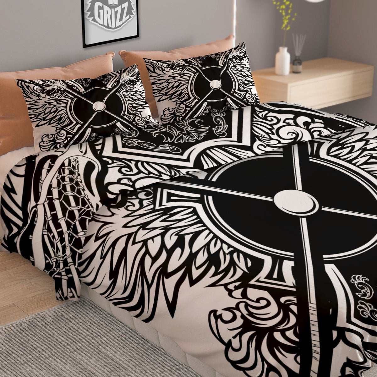 Sticks Lacrosse Ornate Wing Print Duvet Cover Bedding Set
